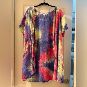 Colorful Tie-Dye Button-Up House Dress with Pockets XL